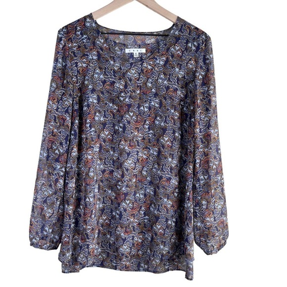 Cabi Tapestry Print Long Sleeve Sheer Blouse in Blue and Orange, Size Medium - Picture 2 of 12